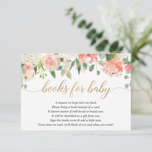Peach crème greenery spring floral books for baby informatiekaartje (Staand voorkant)