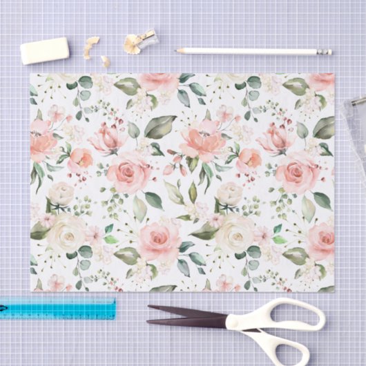 Peach crème rozen, groene bladeren tissuepapier (Craft)