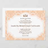 Peach Damask Chocolate Brown Wedding Wording Kaart (Voorkant / Achterkant)