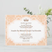 Peach Damask Chocolate Brown Wedding Wording Kaart (Staand voorkant)