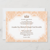 Peach Damask Chocolate Brown Wedding Wording Kaart (Voorkant)