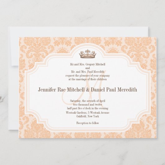 Peach Damask Chocolate Brown Wedding Wording Kaart (Voorkant)