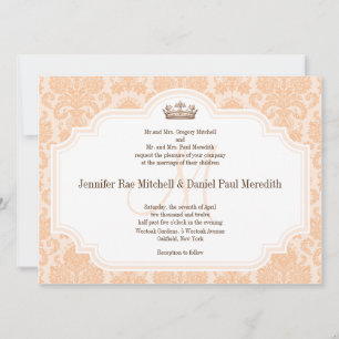 Peach Damask Chocolate Brown Wedding Wording Kaart