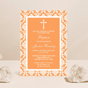 Peach Damask Cross Baptisme of Christening Kaart