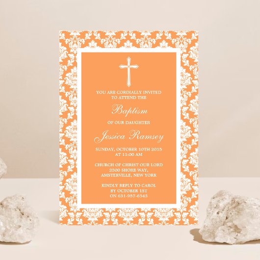 Peach Damask Cross Baptisme of Christening Kaart