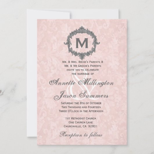 Peach Damask Grey  Lijst Monogram Weddenschap Kaart (Voorkant)