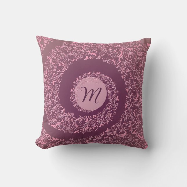 Peach Damask Monogram Kussen (Voorkant)
