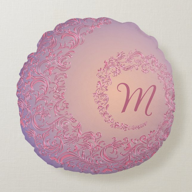 Peach Damask Monogram Rond Kussen (Voorkant)