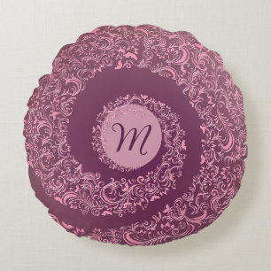 Peach Damask Monogram Rond Kussen