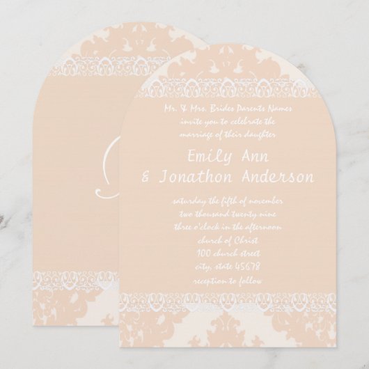  Peach Damask Monogram Wedding Invitations Kaart (Voorkant / Achterkant)