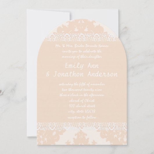 Peach Damask Monogram Wedding Invitations Kaart (Voorkant)