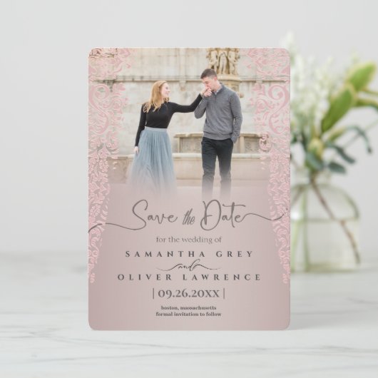  Peach Damask Save the Date Kaart (Staand voorkant)