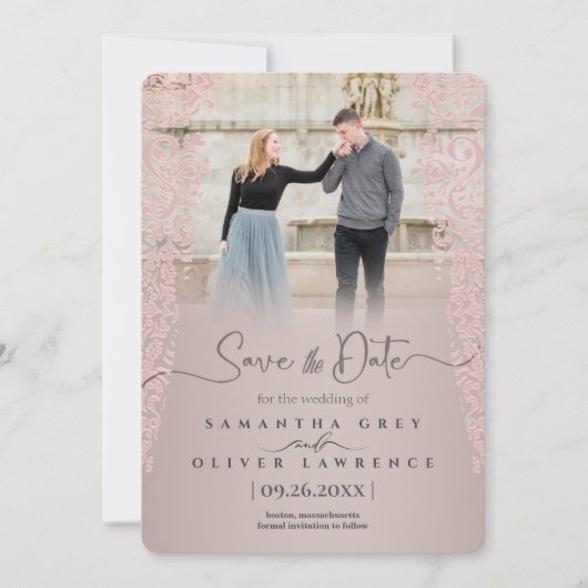 Peach Damask Save the Date Kaart (Voorkant)