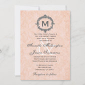 Peach Damask Silver Monogram Weddenschap Kaart (Voorkant)