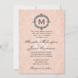 Peach Damask Silver  Monogram Weddenschap Kaart