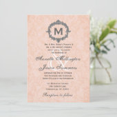 Peach Damask Silver Monogram Weddenschap Kaart (Staand voorkant)