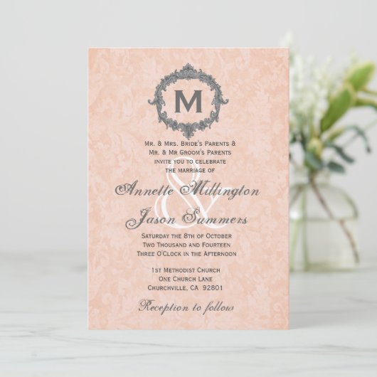 Peach Damask Silver Monogram Weddenschap Kaart (Staand voorkant)