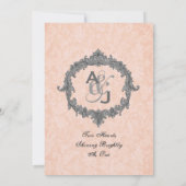 Peach Damask Silver Monogram Weddenschap Kaart (Achterkant)