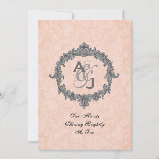 Peach Damask Silver Monogram Weddenschap Kaart (Achterkant)