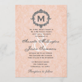 Peach Damask Silver Monogram Weddenschap Kaart