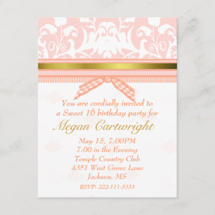 Peach Damask Sweet sixteen Birthday Uitnodiging