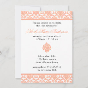 Peach Damask Sweet Sixteen-uitnodigingen Kaart