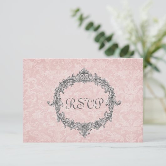 Peach Damask Vintage RSVP Wedding Response (Staand voorkant)