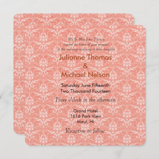 Peach Damask Wedding Kaart (Voorkant / Achterkant)