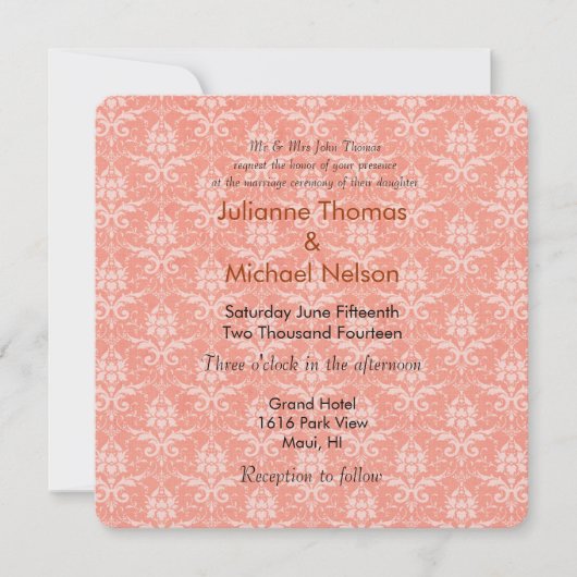 Peach Damask Wedding Kaart (Voorkant)