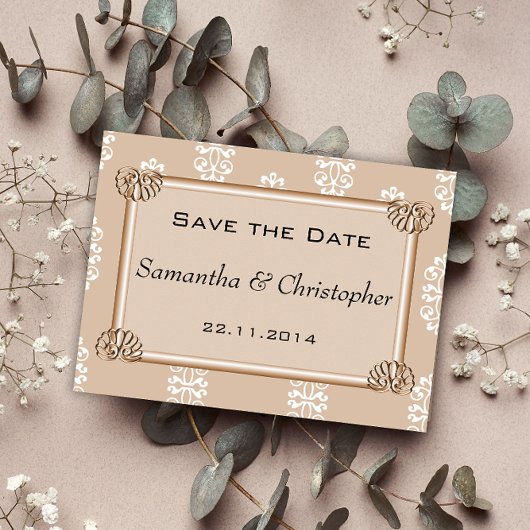 Peach Damask Wedding Save the Date Aankondigingskaart