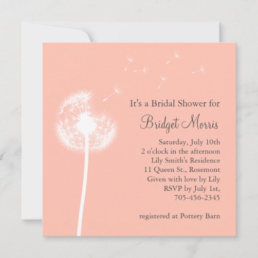 Peach Dandelion Bridal Shower-uitnodiging Kaart (Voorkant)