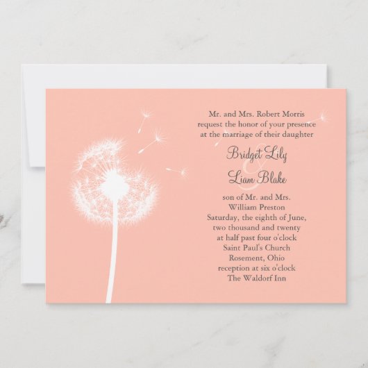 Peach Dandelion Wedding Invitation Kaart (Voorkant)