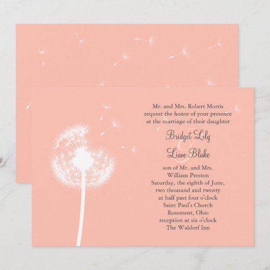 Peach Dandelion Wedding Invitation Kaart (Voorkant / Achterkant)