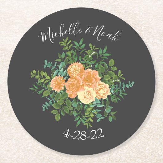 Peach Dark Gray Wedding Rozen Floral Ronde Kartonnen Onderzetter (Voorkant)