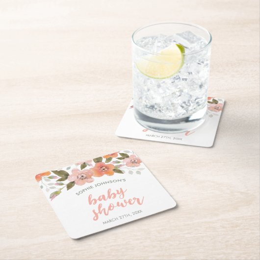 Peach Delicate Floral Baby shower Kartonnen Onderzetters (Insitu)