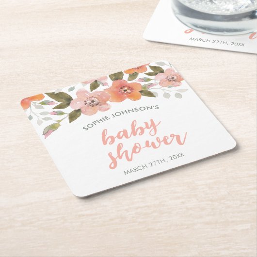 Peach Delicate Floral Baby shower Kartonnen Onderzetters (Schuin)