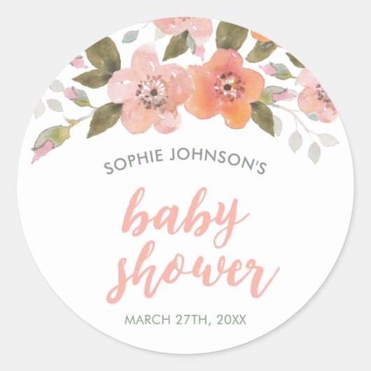 Peach Delicate Floral Baby shower Ronde Sticker (Voorkant)