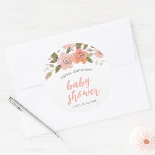 Peach Delicate Floral Baby shower Ronde Sticker (Envelop)