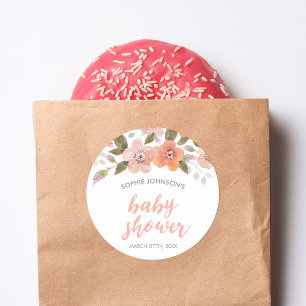 Peach Delicate Floral Baby shower Ronde Sticker