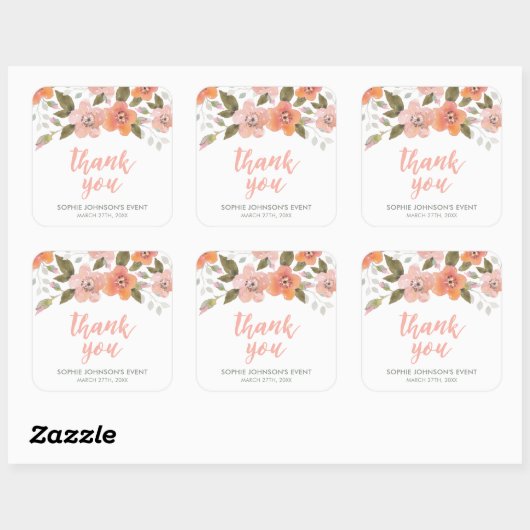 Peach Delicate Floral Dank u Vierkante Sticker (Vel)