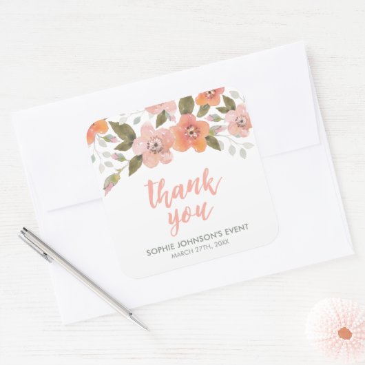 Peach Delicate Floral Dank u Vierkante Sticker (Envelop)
