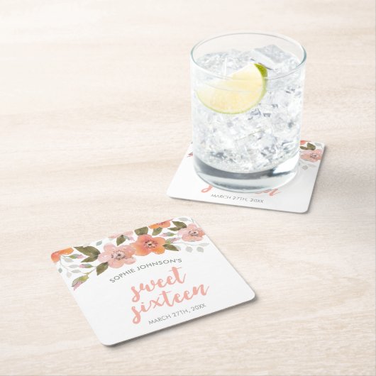 Peach Delicate Floral Sweet Sixteen Kartonnen Onderzetters (Insitu)