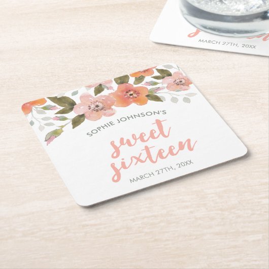 Peach Delicate Floral Sweet Sixteen Kartonnen Onderzetters (Schuin)