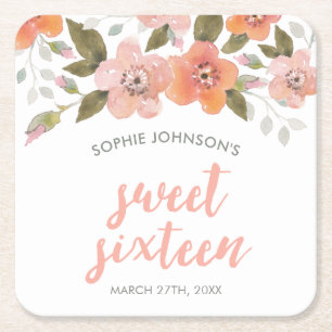 Peach Delicate Floral Sweet Sixteen Kartonnen Onderzetters