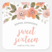 Peach Delicate Floral Sweet Sixteen Vierkante Sticker (Voorkant)