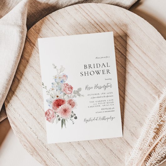 Peach Dusty Blue Floral Bridal Shower Kaart