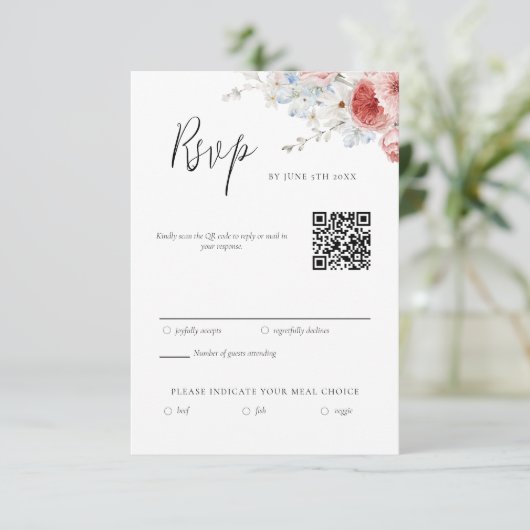 Peach Dusty Blue Floral RSVP (Staand voorkant)