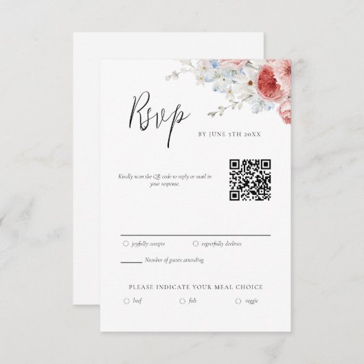 Peach Dusty Blue Floral RSVP (Voorkant / Achterkant)
