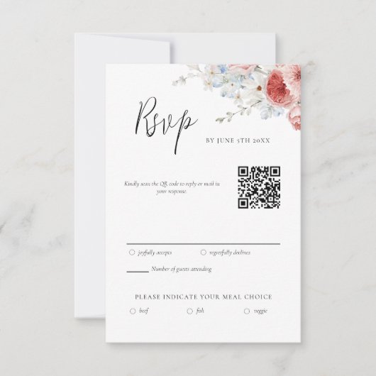 Peach Dusty Blue Floral RSVP Kaartje (Voorkant)