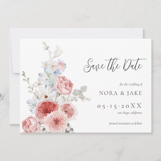 Peach Dusty Blue Floral Save the Date (Voorkant)